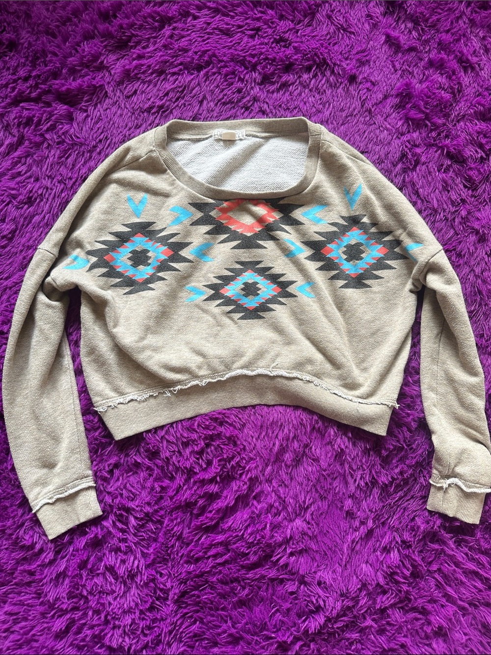 Forever 21 Beige Aztec Cropped Sweatshirt with Turquoise & Coral Accents